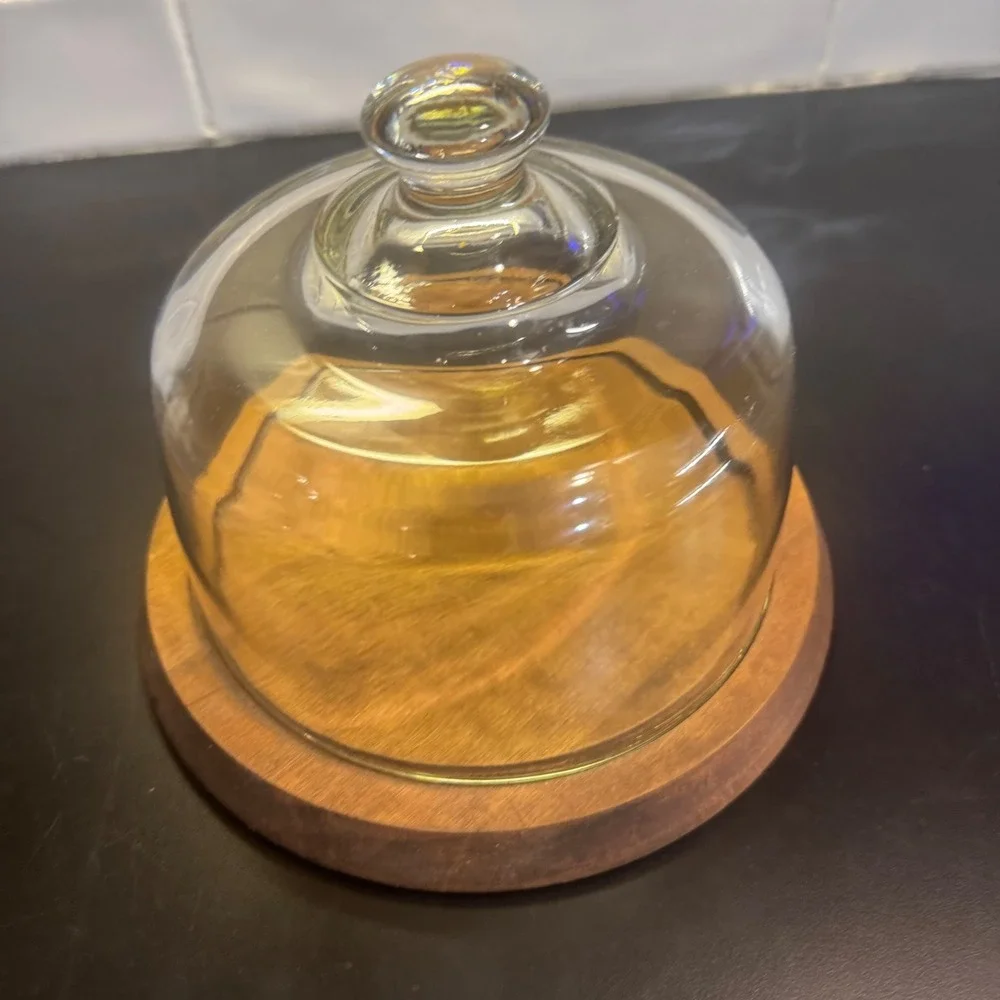 Glass Cloche Cheese Dome with Wood Base Brown Rustic Kitchen Display 7.75in
